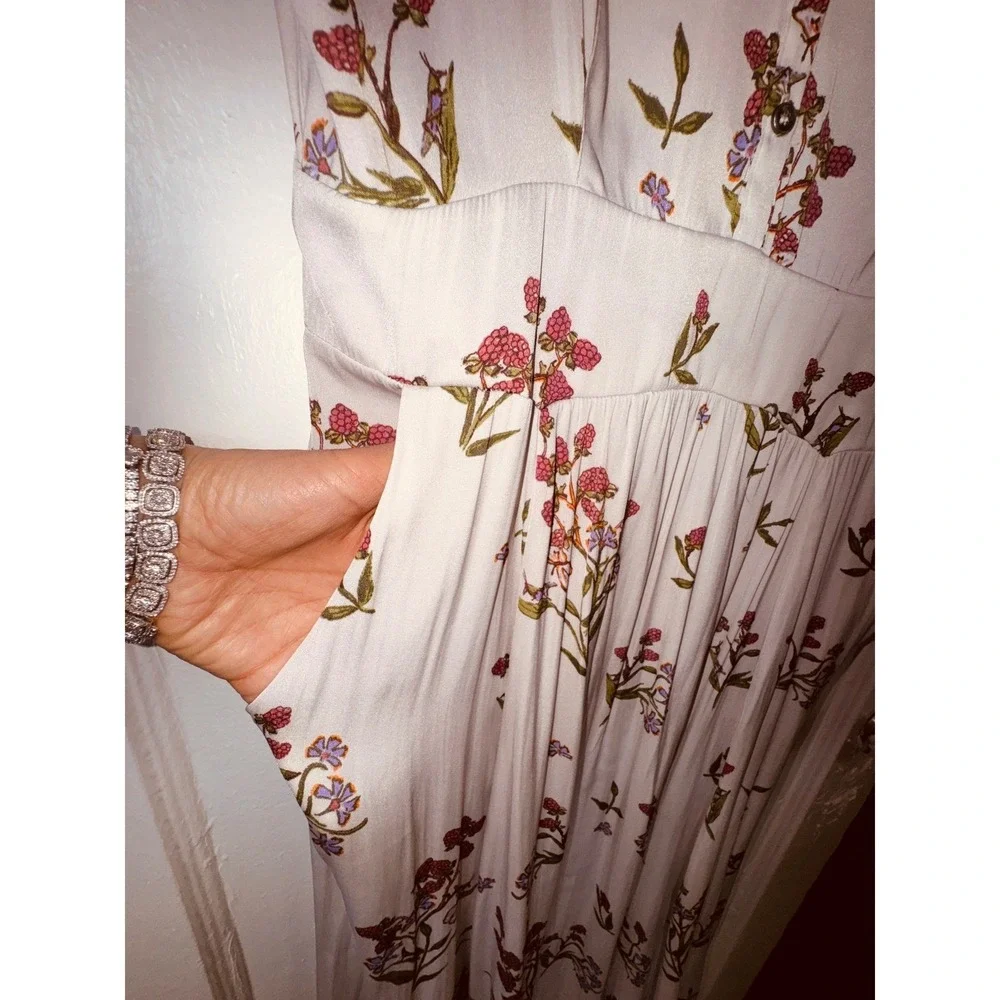 Free People Floral Midi Shirt Dress Cream Berry‎ Botanical Cap Sleeve Pockets 6